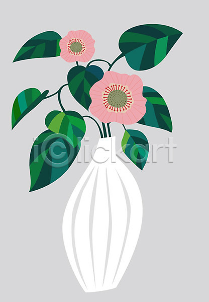 사람없음 AI(파일형식) 일러스트 꽃 꽃병 분홍색 식물 오브젝트 잎 정물화 초록색 한개 화분 회색 흰색
