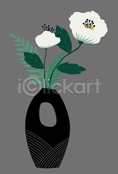 사람없음 AI(파일형식) 일러스트 검은색 꽃 꽃병 식물 오브젝트 잎 정물화 한개 화분 흰색