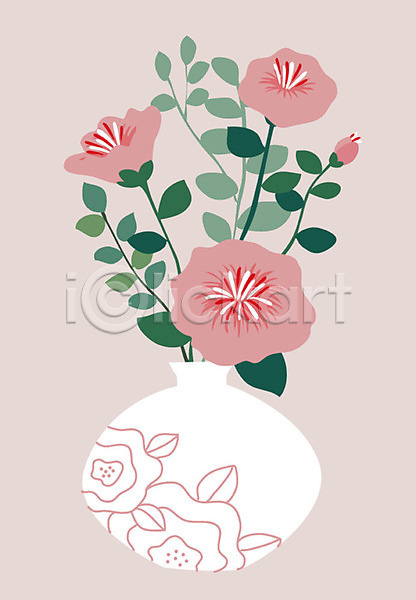 사람없음 AI(파일형식) 일러스트 꽃 꽃병 분홍색 식물 오브젝트 잎 정물화 초록색 한개 화분 흰색