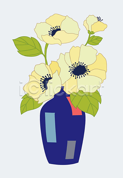 사람없음 AI(파일형식) 일러스트 꽃 꽃병 노란색 식물 오브젝트 잎 정물화 파란색 한개 화분 회색