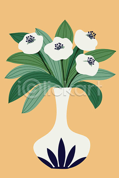 사람없음 AI(파일형식) 일러스트 꽃 꽃병 식물 오브젝트 정물화 주황색 초록색 한개 화분 흰색
