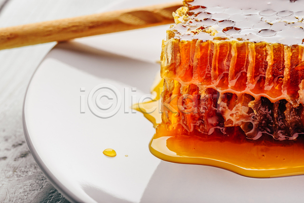 달콤 사람없음 JPG 포토 해외이미지 갈색 꿀 단면 디저트 벌집 시럽 접시