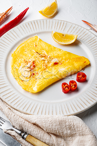 사람없음 JPG 포토 하이앵글 해외이미지 계란 계란요리 고추 레몬 오믈렛 음식 천(직물)
