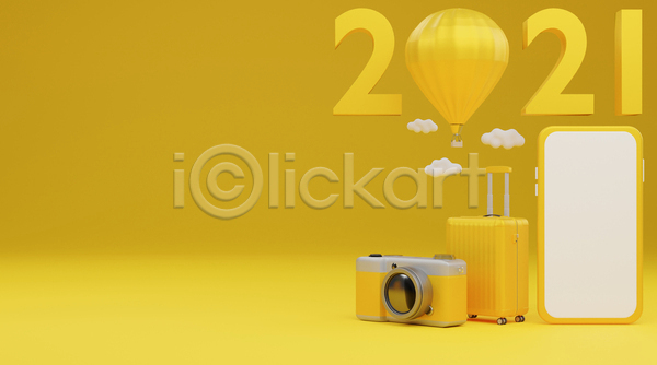 사람없음 3D JPG 디지털합성 포토 해외이미지 2021년 구름(자연) 노란색 스마트폰 여행 열기구 카메라 캐리어