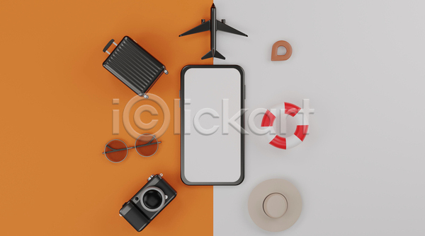 사람없음 3D JPG 디지털합성 포토 해외이미지 모자(잡화) 비행기 선글라스 스마트폰 여행 위치 주황색 카메라 캐리어 튜브 흰색