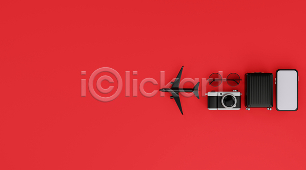 사람없음 3D JPG 디지털합성 포토 해외이미지 비행기 빨간색 선글라스 스마트폰 여행 카메라 캐리어