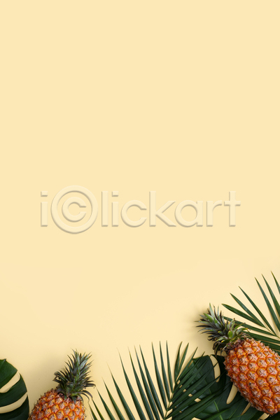 사람없음 JPG 포토 하이앵글 해외이미지 노란배경 몬스테라 실내 열대과일 열대잎 제철과일 카피스페이스 파인애플