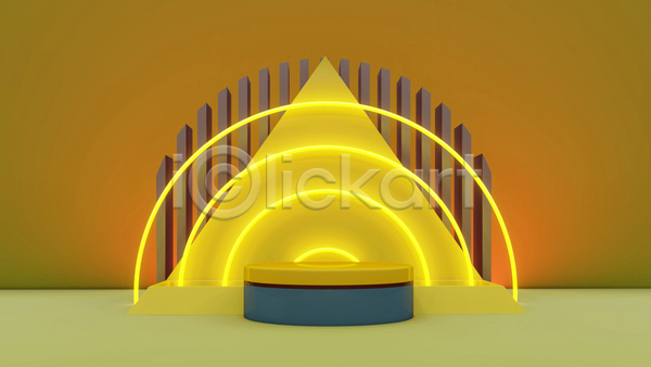 사람없음 3D JPG 디지털합성 포토 해외이미지 공간 네온 노란색 단상 미니멀 백그라운드 삼각형 아치 입체도형 포디움