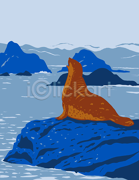사람없음 JPG 포토 해외이미지 그림 물개 바다 자연 카툰스타일 풍경(경치) 한마리