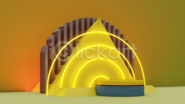 사람없음 3D JPG 디지털합성 포토 해외이미지 공간 네온 노란색 단상 미니멀 백그라운드 삼각형 아치 연두색 입체도형 포디움