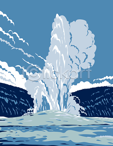 사람없음 JPG 포토 해외이미지 국립공원 그림 산 옐로스톤국립공원 온천 와이오밍 카툰스타일 파란색 폭발 풍경(경치)