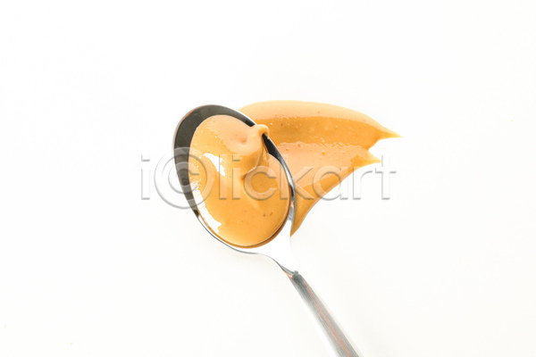사람없음 JPG 포토 하이앵글 해외이미지 디저트 땅콩버터 숟가락 스프레드(음식) 실내 흰배경