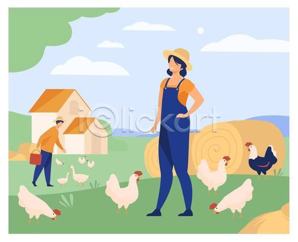 남자 두명 성인 성인만 여자 EPS 일러스트 해외이미지 구름(자연) 농부 농사 농장 닭 서기 얼굴없음 여러마리 전신 주택