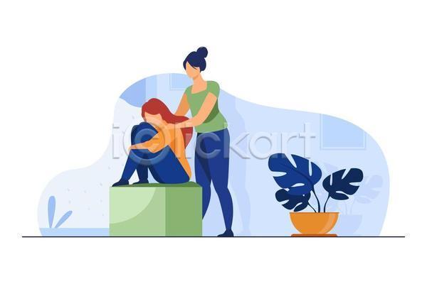 두명 성인 성인여자만 여자 EPS 일러스트 해외이미지 상자 서기 식물 앉기 어깨에손 얼굴없음 우울증 웅크림 전신 하늘색 화분