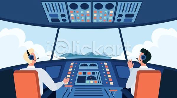 남자 두명 성인 성인남자만 EPS 일러스트 해외이미지 기장(직업) 대중교통 비행기 비행기내부 상반신 앉기 운전석 의자 파란색 파일럿 하늘 헤드셋