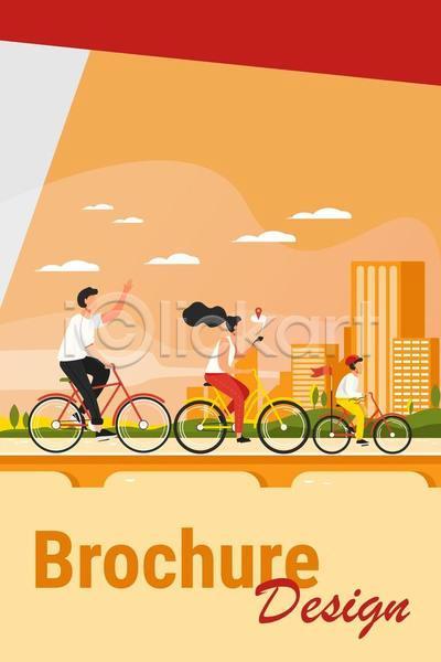 남자 성인 세명 소년 어린이 여자 EPS 일러스트 해외이미지 건물 구름(자연) 들기 디자인 손들기 스마트폰 앉기 자전거 주황색 헬멧 홍보물