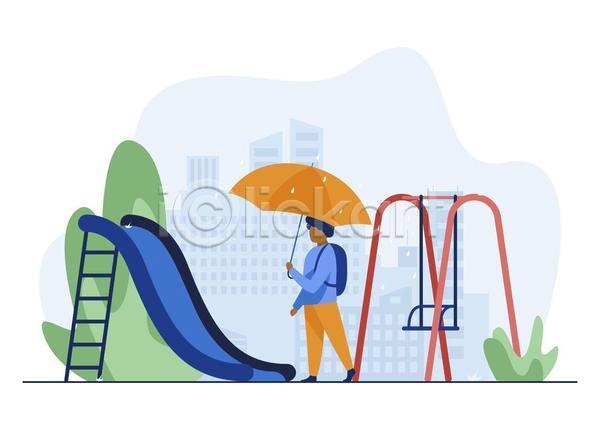 남자 소년 소년한명만 어린이 한명 EPS 일러스트 해외이미지 그네 그네타기 놀이터 들기 미끄럼틀 비(날씨) 서기 우산 전신 하늘색