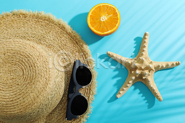 사람없음 JPG 포토 해외이미지 밀짚모자 불가사리 선글라스 스튜디오촬영 여름(계절) 오렌지 오브젝트