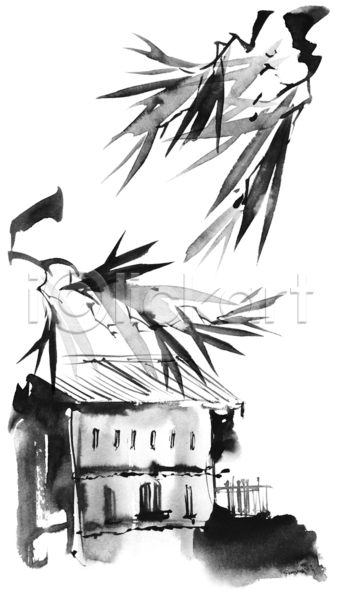 사람없음 JPG 포토 해외이미지 검은색 나뭇잎 동양화 번짐 붓터치 수묵화 주택