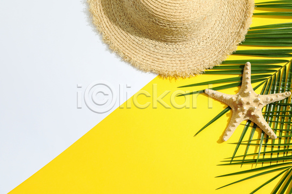 사람없음 JPG 포토 해외이미지 노란색 밀짚모자 바캉스 바캉스용품 불가사리 여름휴가 오브젝트 풀잎
