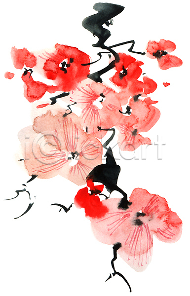 사람없음 JPG 일러스트 포토 해외이미지 꽃 꽃잎 나뭇가지 동양화 미술 번짐 분홍색 붓터치 수묵화 수채화(물감) 줄기 캘리그라피