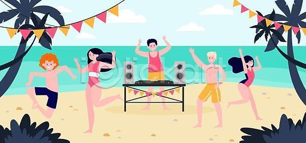 남자 성인 성인만 여러명 여자 EPS 일러스트 해외이미지 DJ 가랜드 바다 손들기 야자수 여름휴가 이벤트 전신 춤 풀(식물) 해변