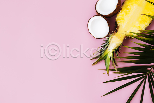 사람없음 JPG 포토 하이앵글 해외이미지 단면 스튜디오촬영 야자수잎 여름(계절) 오브젝트 카피스페이스 코코넛 파인애플