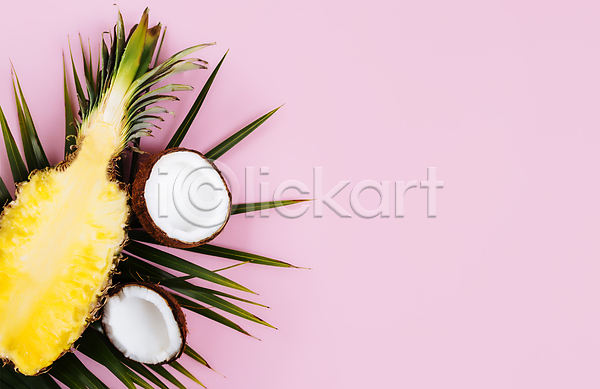 사람없음 JPG 포토 하이앵글 해외이미지 단면 스튜디오촬영 야자수잎 여름(계절) 오브젝트 카피스페이스 코코넛 파인애플