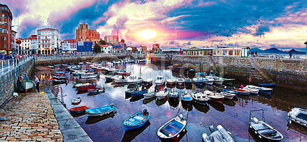 사람없음 JPG 포토 해외이미지 건축양식 교회 낚시 도시 등대 마을 만 물 바다 보트 성당 스페인 스페인어 여행 역사 옛날 유럽 장면 타운 파노라마 파란색 포트 하늘 항구 해외포토 휴가