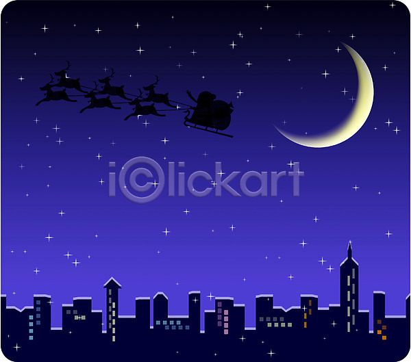 사람없음 EPS 일러스트 겨울 계절 기념일 눈(날씨) 달 도시 빌딩 사계절 산타클로스 썰매 야간 야경 야외 초승달 크리스마스 풍경(경치)
