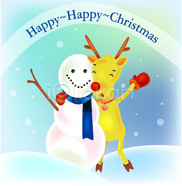 EPS 일러스트 겨울 계절 기념일 눈(날씨) 눈사람 동물 루돌프 목도리 사슴 야외 육지동물 척추동물 크리스마스 포유류