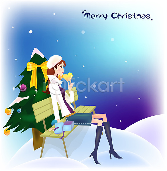 남자 두명 사람 여자 EPS 일러스트 겨울 기념일 나무 눈(날씨) 밤하늘 벤치 별 선물 야외 웰빙 크리스마스 크리스마스선물 크리스마스트리