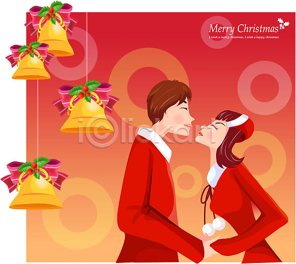 로맨틱 남자 두명 사람 여자 EPS 일러스트 겨울 계절 기념일 리본 산타클로스 선물상자 실내 장식 종 총각 커플 크리스마스 크리스마스장식