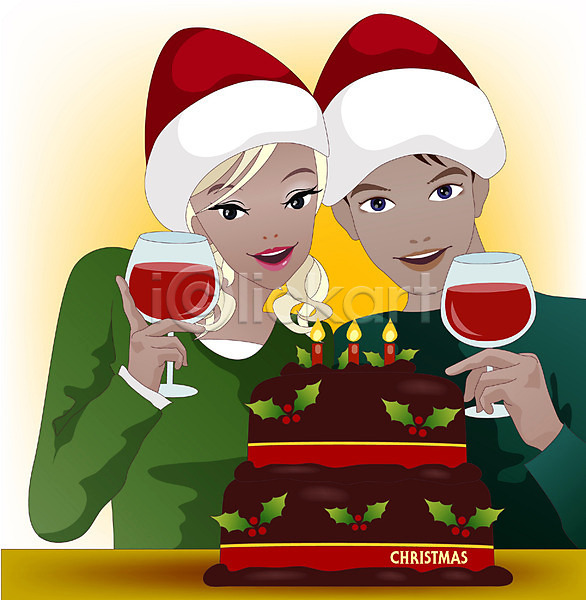 기쁨 로맨틱 남자 두명 사람 여자 EPS 일러스트 겨울 계절 기념일 와인 이벤트 종교 커플 케이크 크리스마스