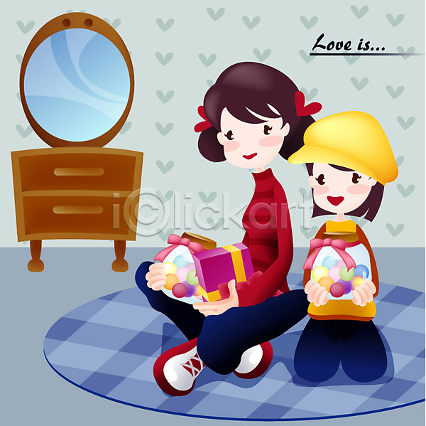 로맨틱 사랑 두명 사람 여자 여자만 EPS 일러스트 감정 거울 사탕 선물 카펫 커플 화이트데이