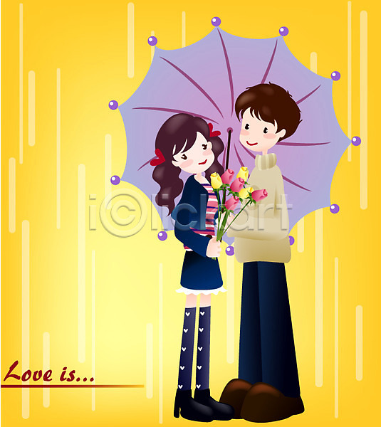 로맨틱 사랑 남자 두명 사람 소년 여자 EPS 일러스트 감정 꽃다발 발렌타인데이 우산 장미 커플 화이트데이