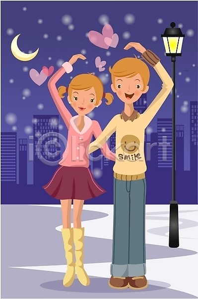 로맨틱 사랑 남자 두명 사람 소년 여자 EPS 일러스트 기념일 발렌타인데이 야간 야외 커플 하트 화이트데이