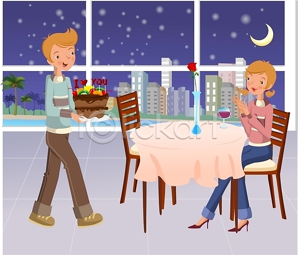 로맨틱 사랑 남자 두명 사람 여자 EPS 일러스트 기념일 레스토랑 발렌타인데이 선물 실내 야간 이벤트 장미 커플 케이크 탁자