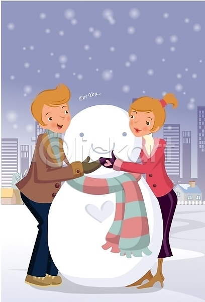 로맨틱 사랑 남자 두명 사람 여자 EPS 일러스트 겨울 계절 기념일 눈사람 발렌타인데이 야외 커플