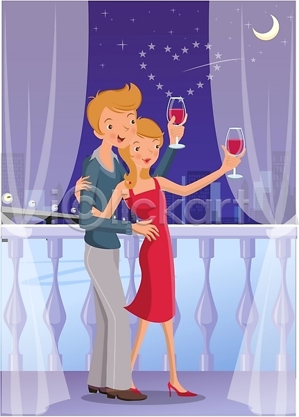 로맨틱 사랑 남자 두명 사람 여자 EPS 일러스트 겨울 계절 기념일 달 발렌타인데이 실내 야간 와인 커플
