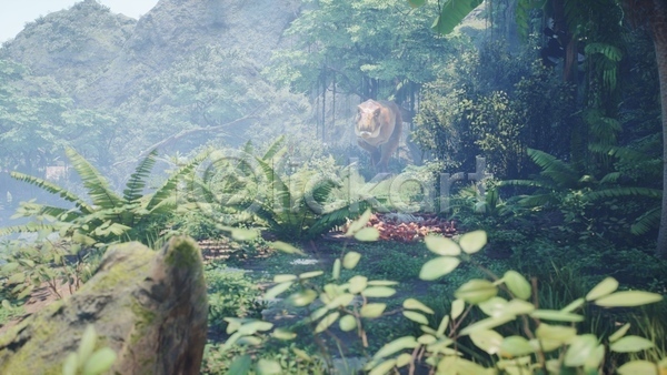 사람없음 3D JPG 해외이미지 고생물 나무 숲 야생동물 야외 육식공룡 주간 쥬라기 티라노사우루스 풀(식물) 한마리