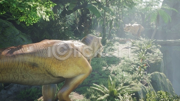 사람없음 3D JPG 해외이미지 고생물 나무 두마리 숲 야생동물 야외 육식공룡 절벽 주간 쥬라기 티라노사우루스 풀(식물)