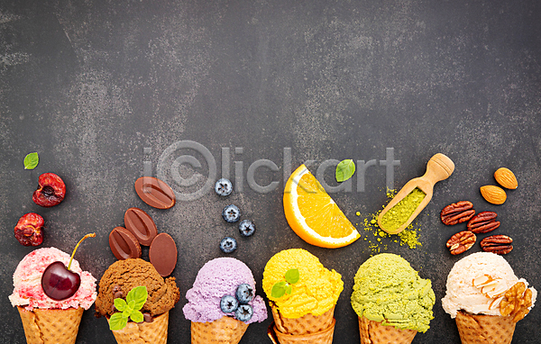 사람없음 JPG 포토 해외이미지 견과류 녹차 바닐라 블루베리 아이스크림 아이스크림콘 오렌지 체리 초콜릿 카피스페이스 콘아이스크림