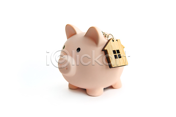 사람없음 JPG 포토 해외이미지 건축모형 경제 금융 돼지저금통 실내 집모양 키링 흰배경