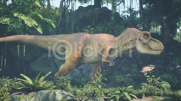 사람없음 3D JPG 해외이미지 고생물 숲 야생동물 야외 육식공룡 주간 쥬라기 티라노사우루스 풀(식물) 한마리