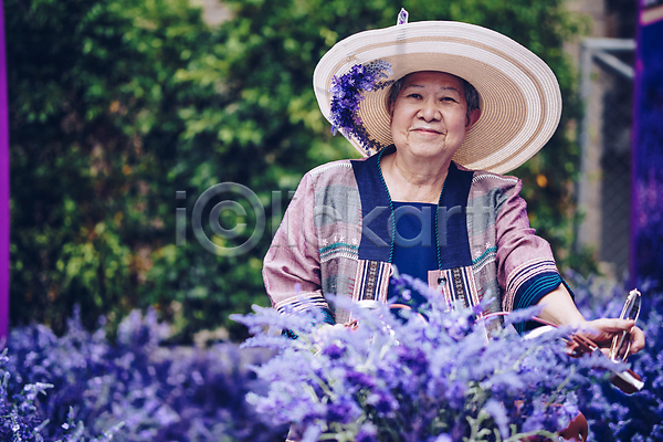 노인만 노인여자한명만 동양인 여자 한명 JPG 앞모습 포토 해외이미지 들기 라벤더 밀짚모자 보라색 상반신 안경 야외 여름(계절) 주간