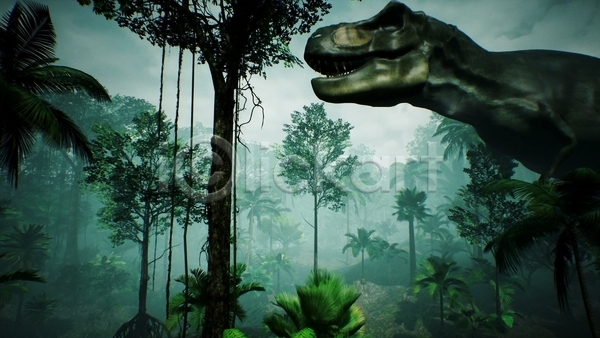사람없음 3D JPG 해외이미지 고생물 나무 숲 야생동물 야외 육식공룡 주간 쥬라기 티라노사우루스 한마리 흐림
