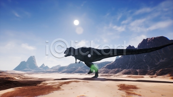 사람없음 3D JPG 해외이미지 걷기 고생물 구름(자연) 사막 산 야생동물 야외 육식공룡 주간 쥬라기 태양 티라노사우루스 하늘 한마리 햇빛