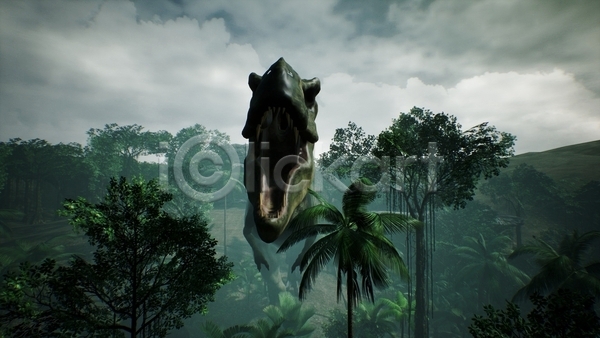 사람없음 3D JPG 해외이미지 고생물 구름(자연) 나무 숲 야생동물 야외 육식공룡 입벌림 주간 쥬라기 티라노사우루스 포효 풀(식물) 한마리