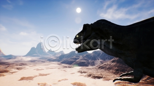 사람없음 3D JPG 실루엣 해외이미지 고생물 사막 산 야생동물 야외 육식공룡 주간 쥬라기 태양 티라노사우루스 하늘 한마리 햇빛